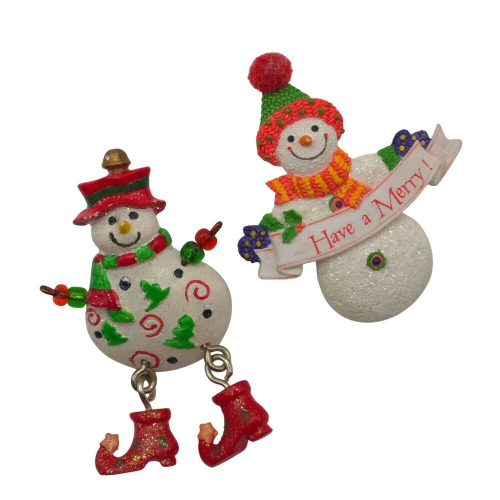 VTG Brooch 2PC Christmas Winter Holiday Snowmen Merry Joy Festive Fun‎ Sparkle